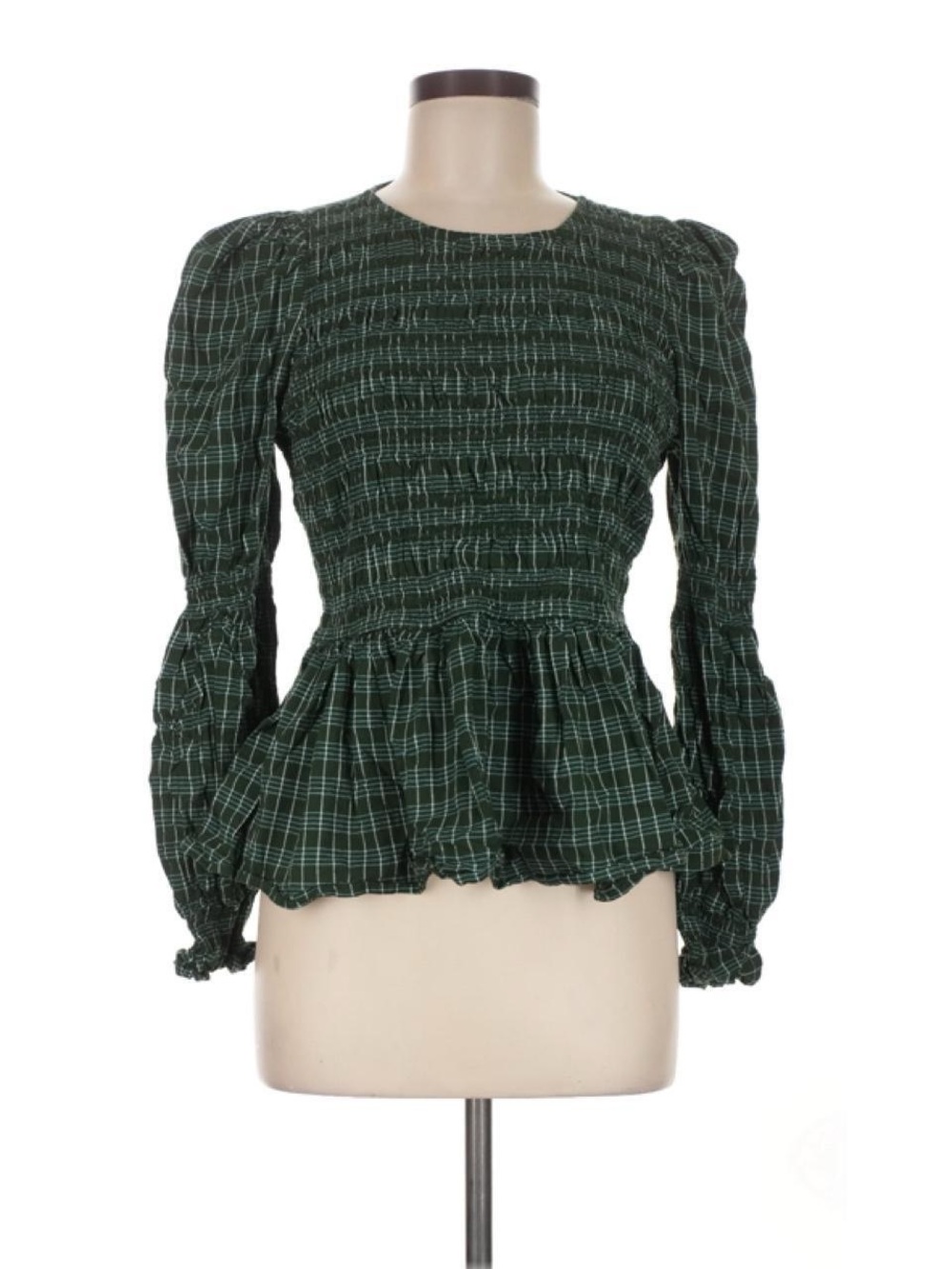 Universal Thread Smocked Peplum Long-Sleeve Top in Dark Green Plaid